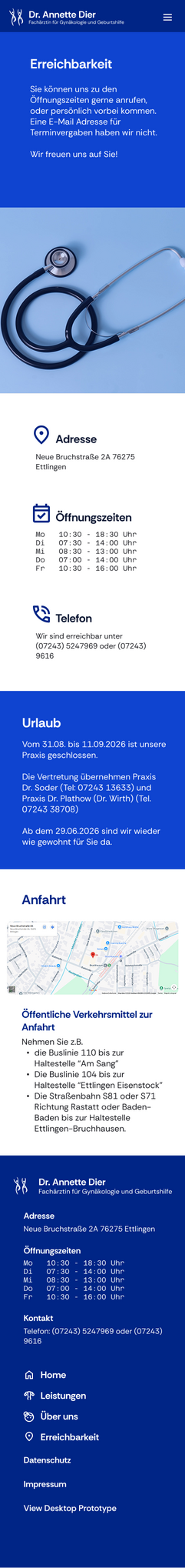 Screenshot of dr. dier website openign hours and directions page